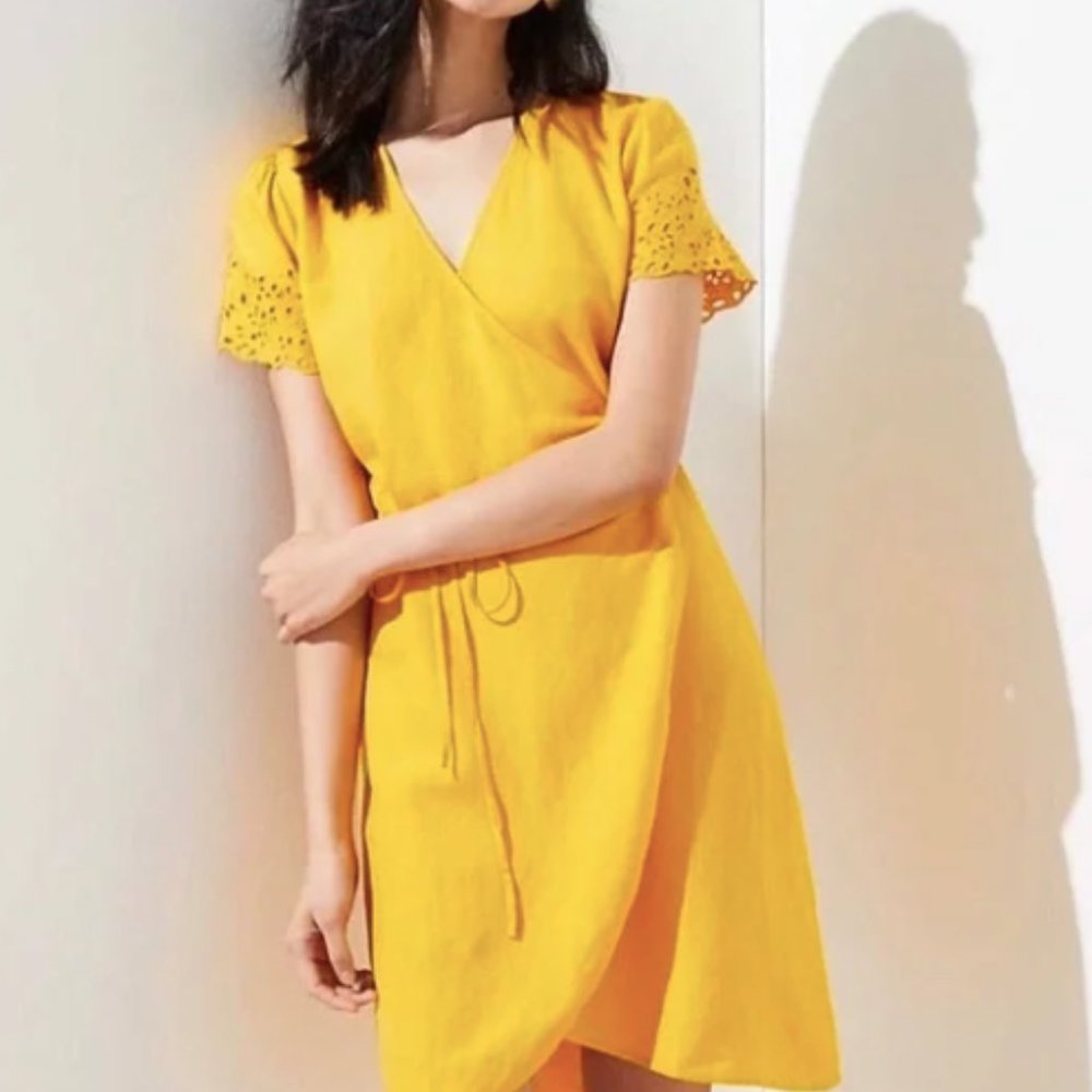 Gold Yellow LOFT Linen Blend A-Line Wrap Dress Eyelet Sleeves Sunflower XSP